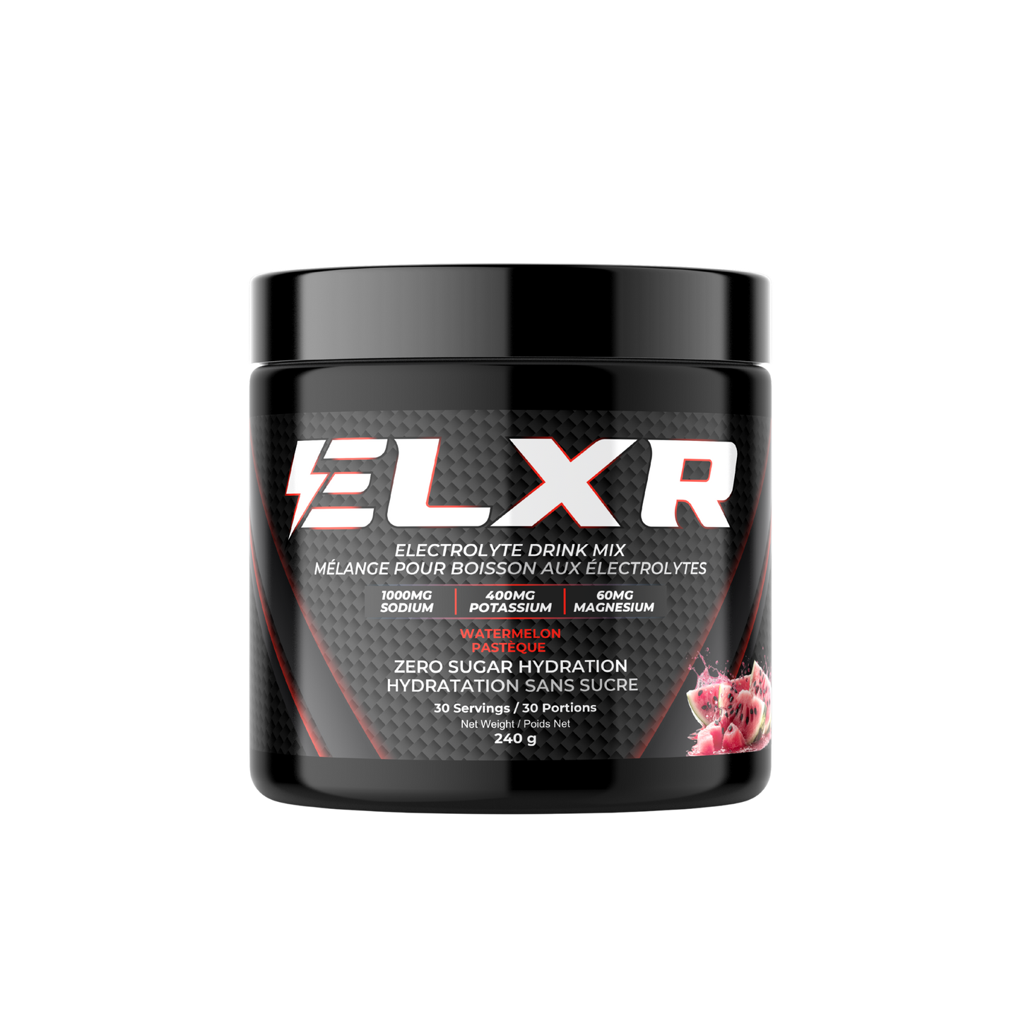 ELXR electrolyte drink mix container on a transparent background
