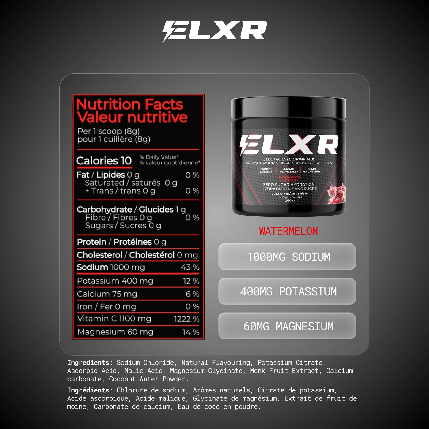 ELXR electrolyte supplement container with nutrition facts label on a dark background