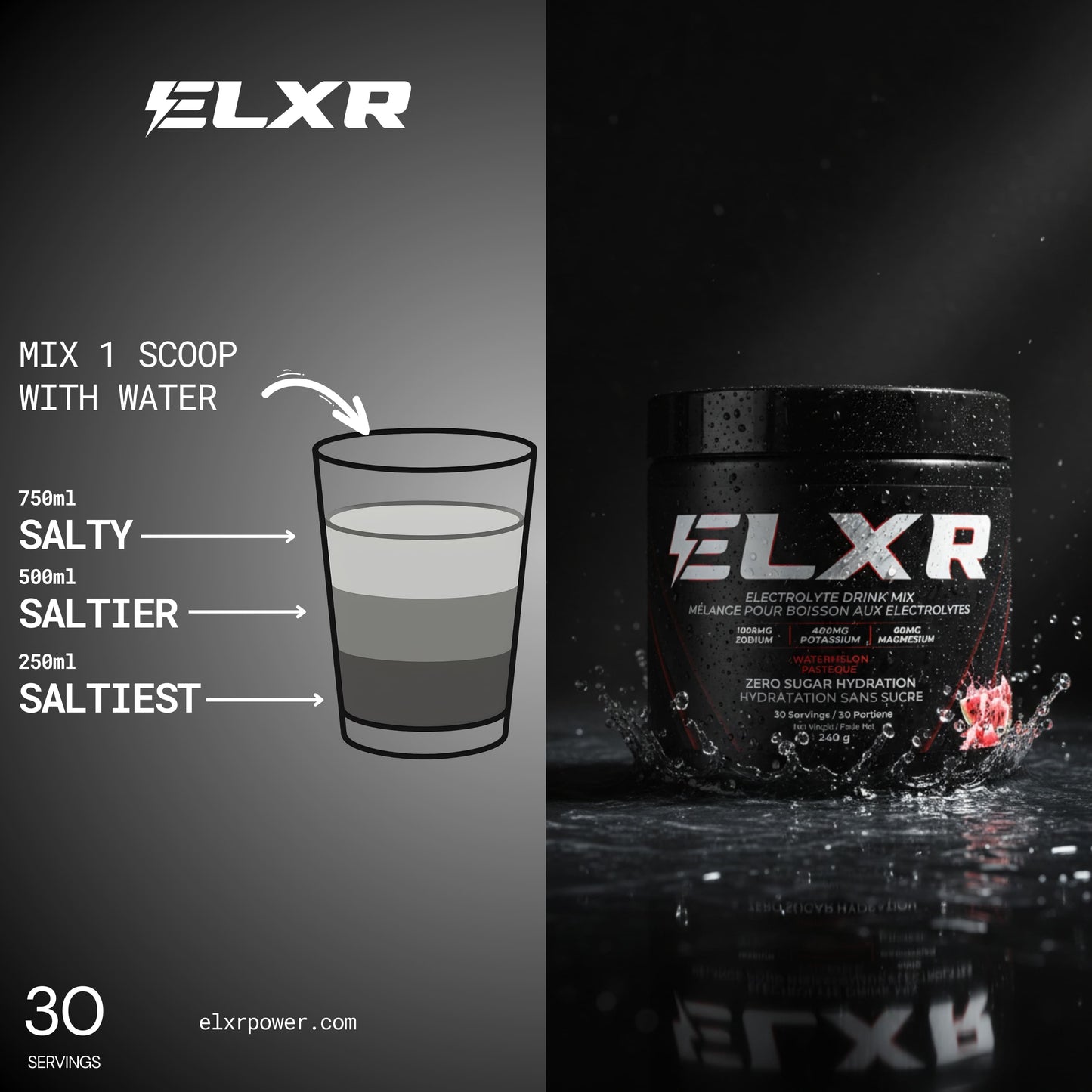 ELXR electrolyte drink mix container with a glass illustration on a dark background