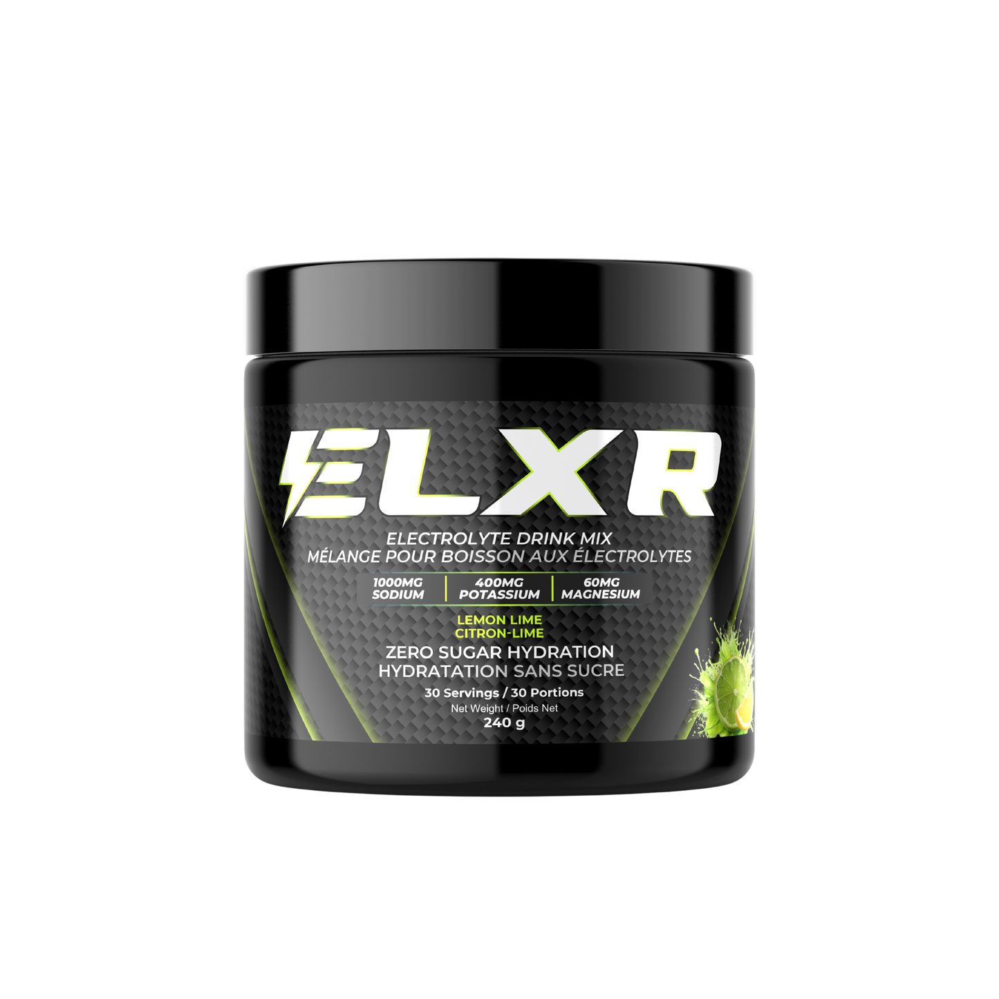ELXR electrolyte drink mix container on a transparent background
