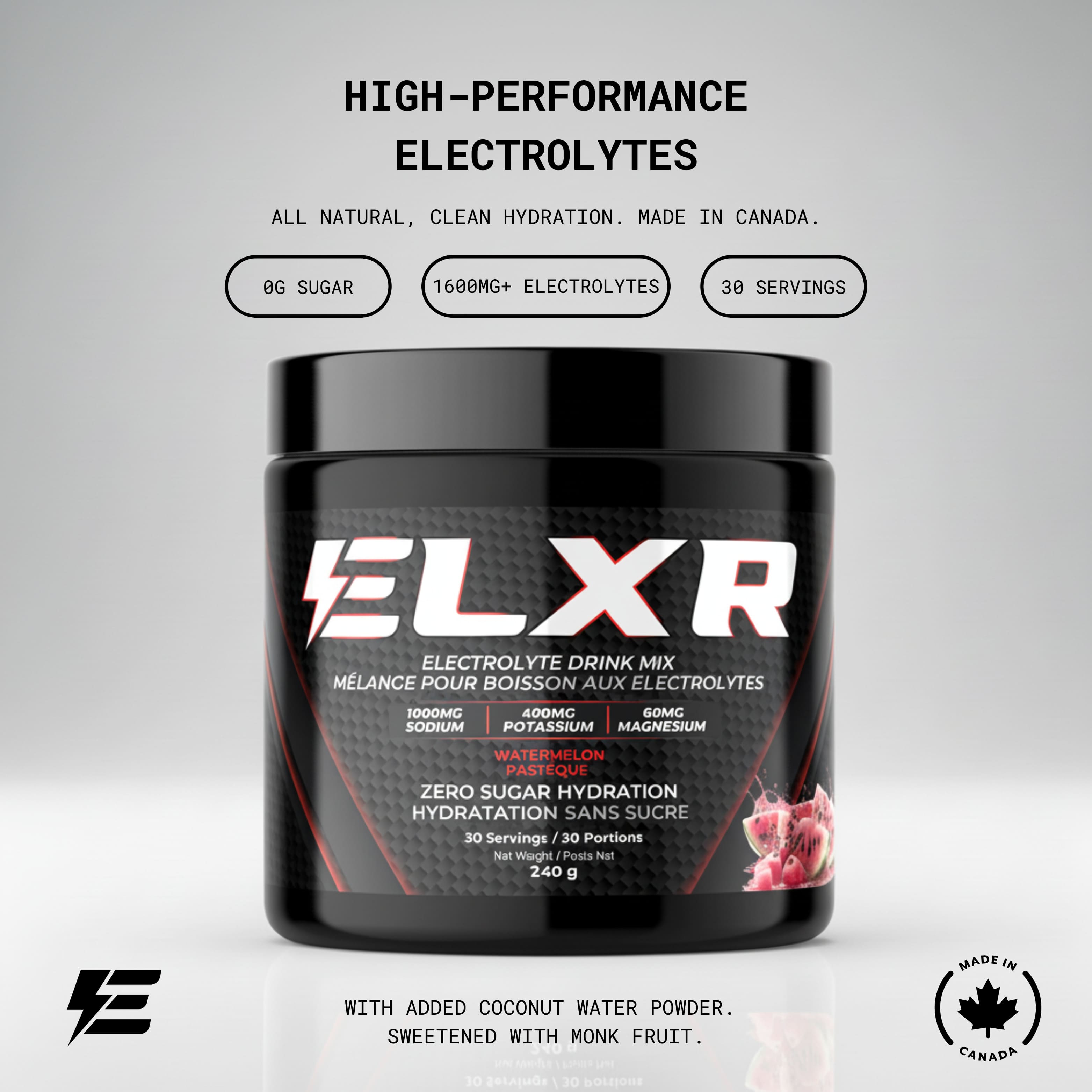 ELXR electrolyte drink mix container on a gray background