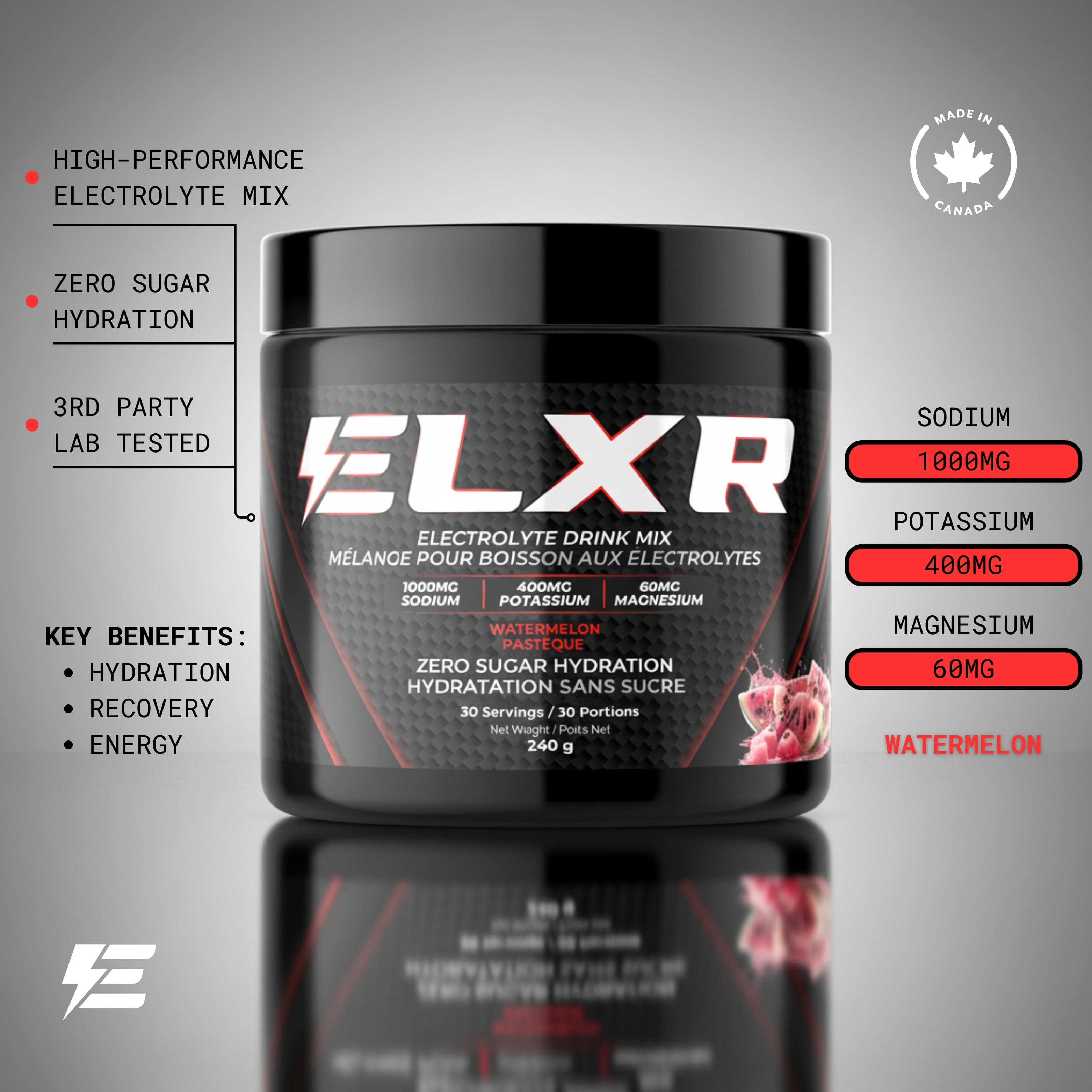 ELXR electrolyte drink mix container with key benefits and nutritional information on a gray background