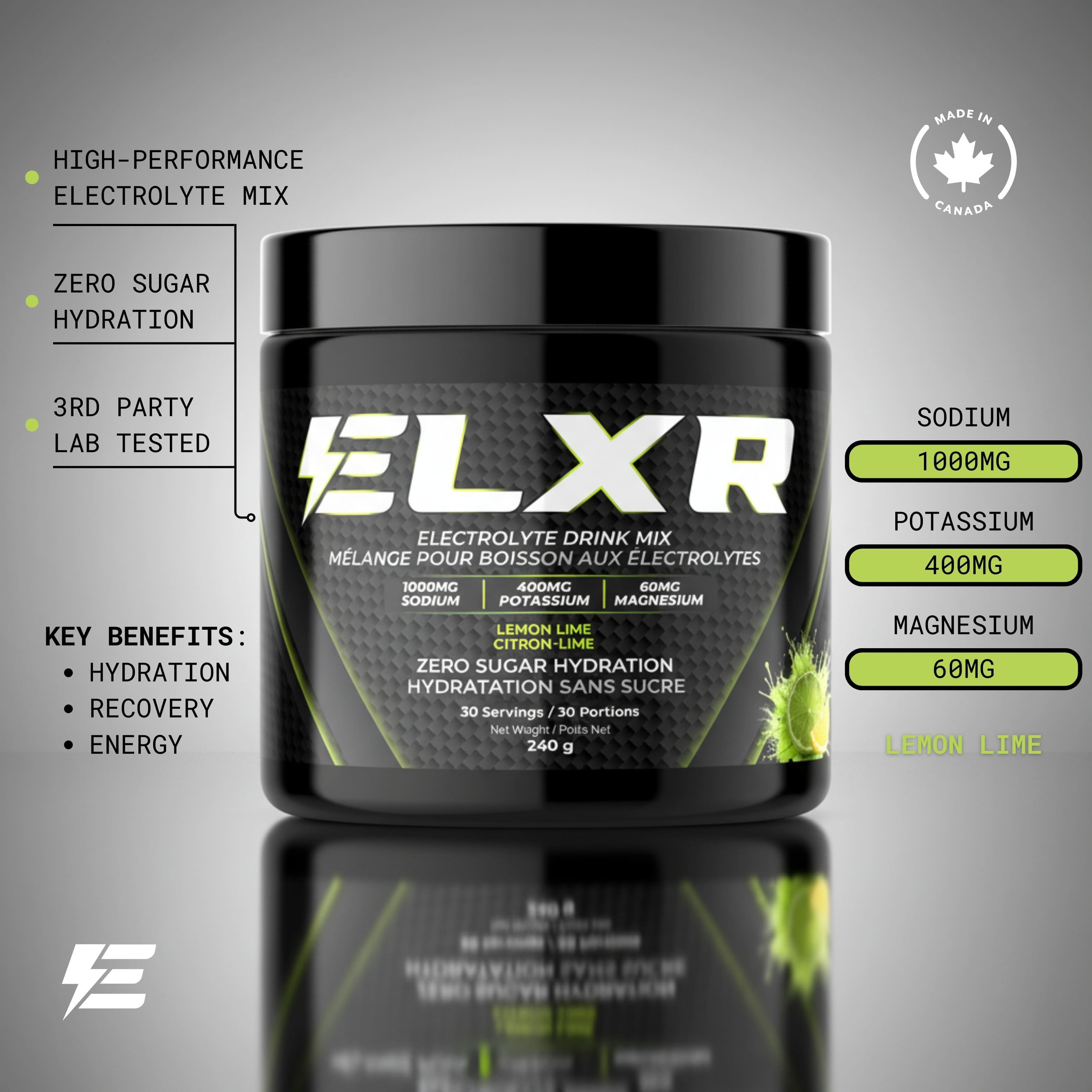 ELXR electrolyte drink mix container with nutritional information on a gray background
