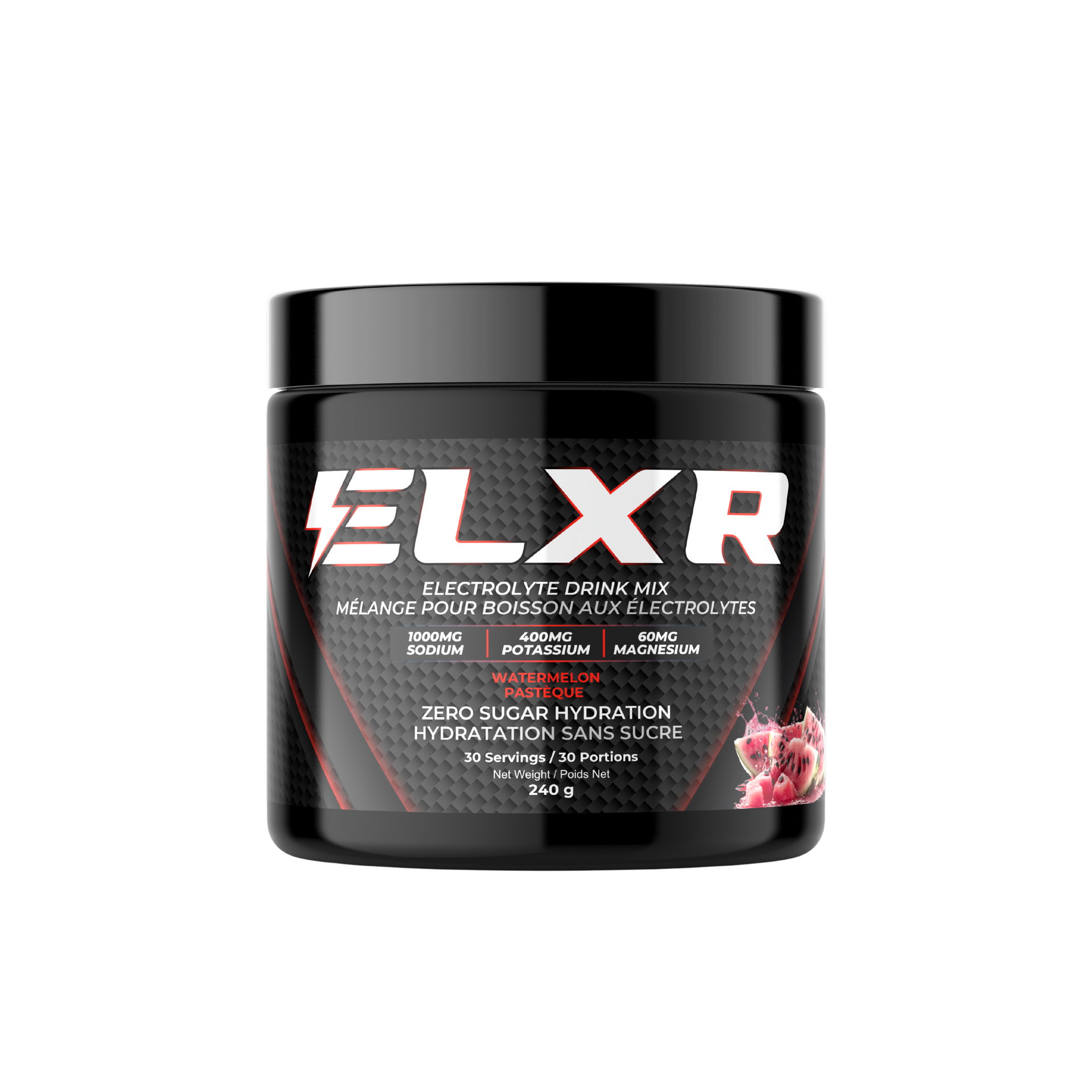 ELXR electrolyte drink mix container on a transparent background