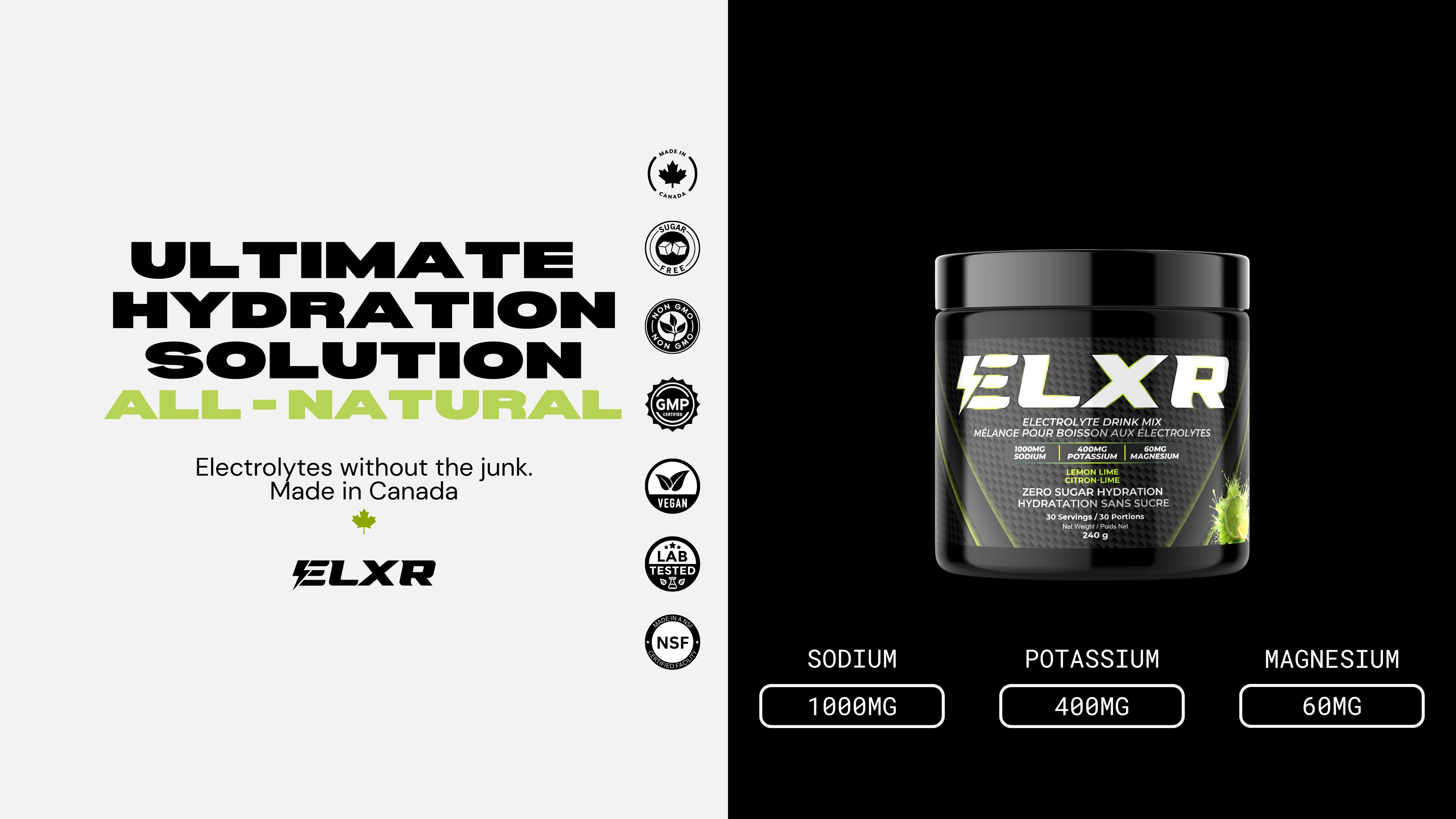 ELXR electrolyte powder container with branding and product details on a black and white background