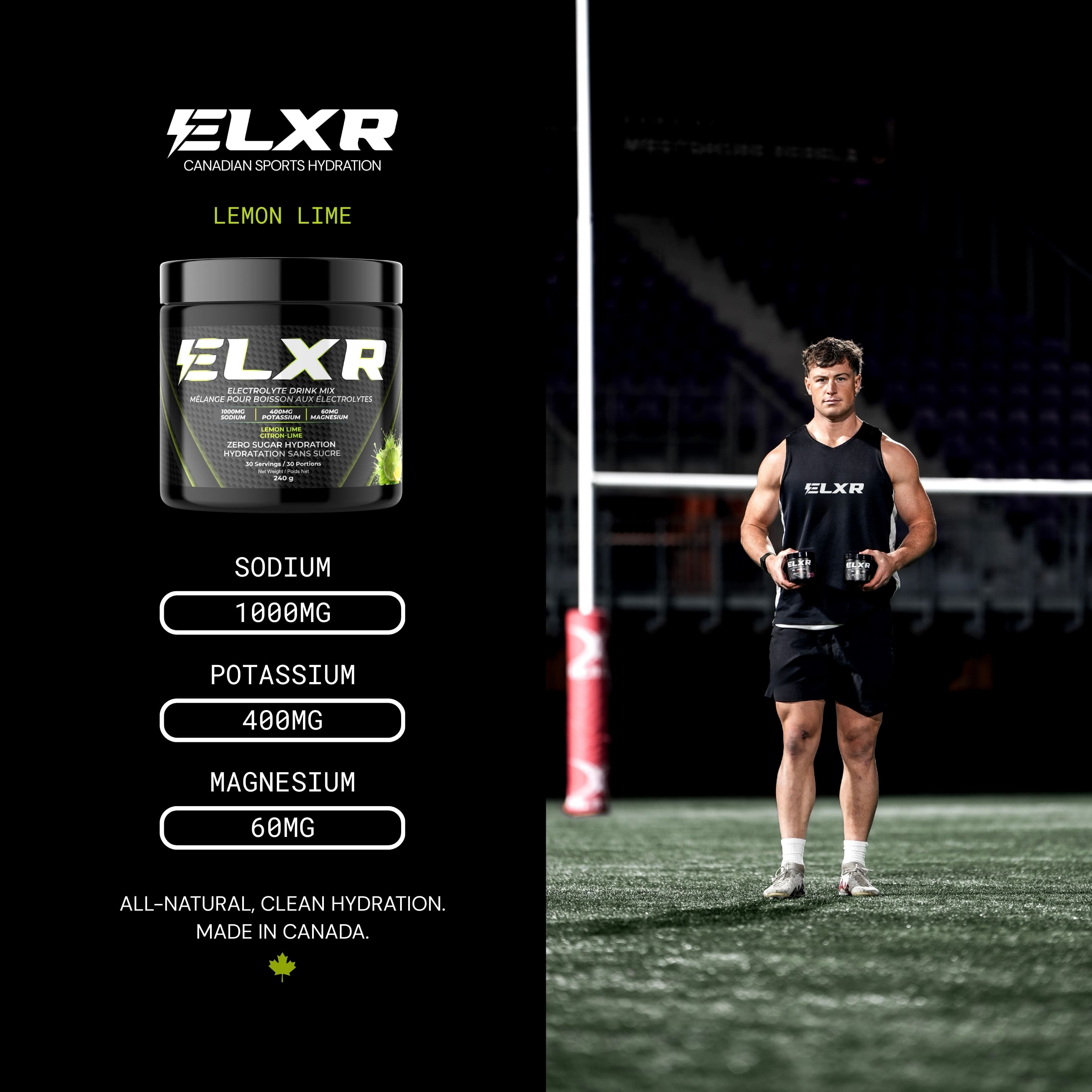 ELXR sports drink mix container with a person holding it on a sports field.