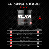 ELXR electrolyte drink mix container with features listed on a black background