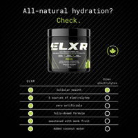 ELXR electrolyte drink mix container with product features listed on a black background