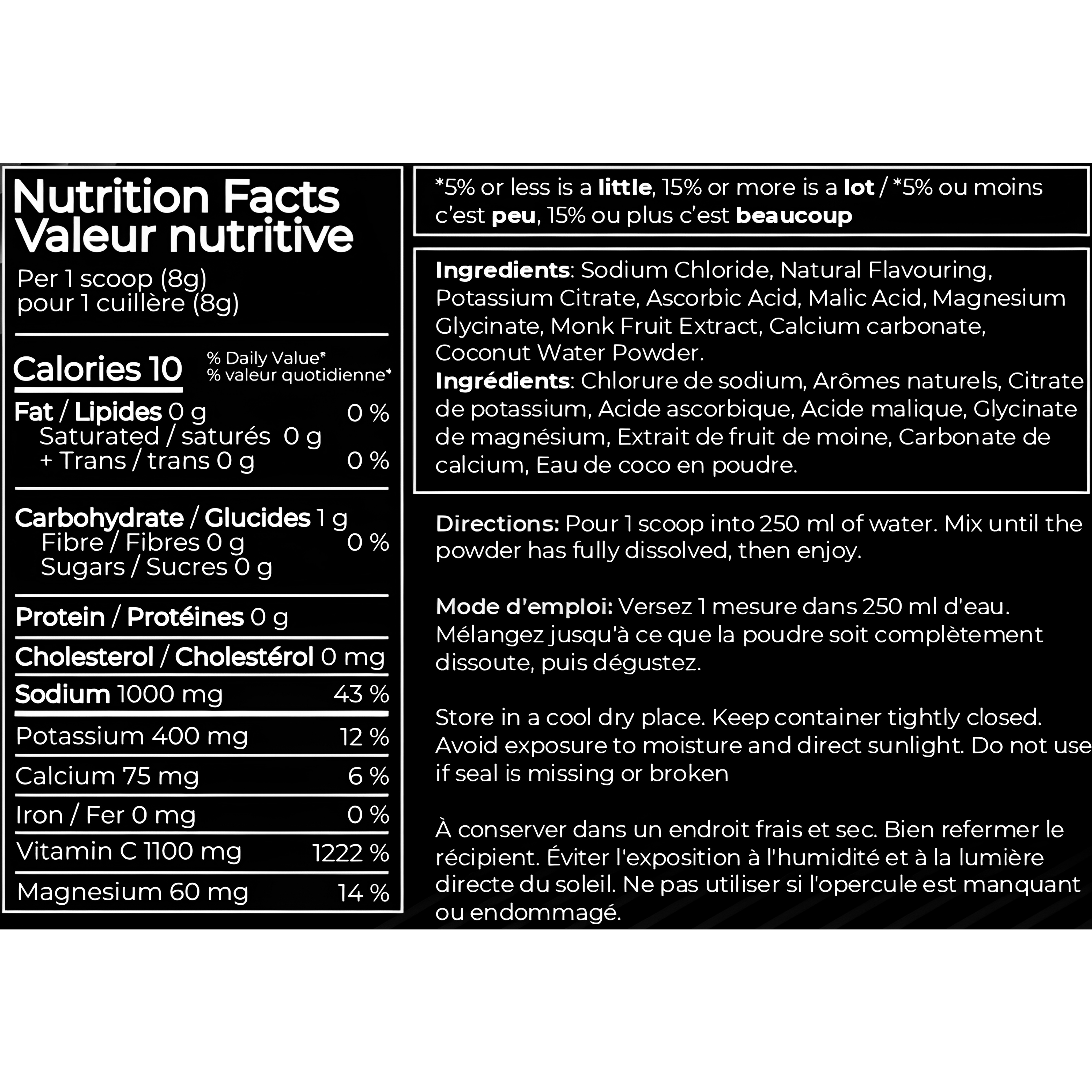 Nutrition facts label and ingredients list for a product on a white background
