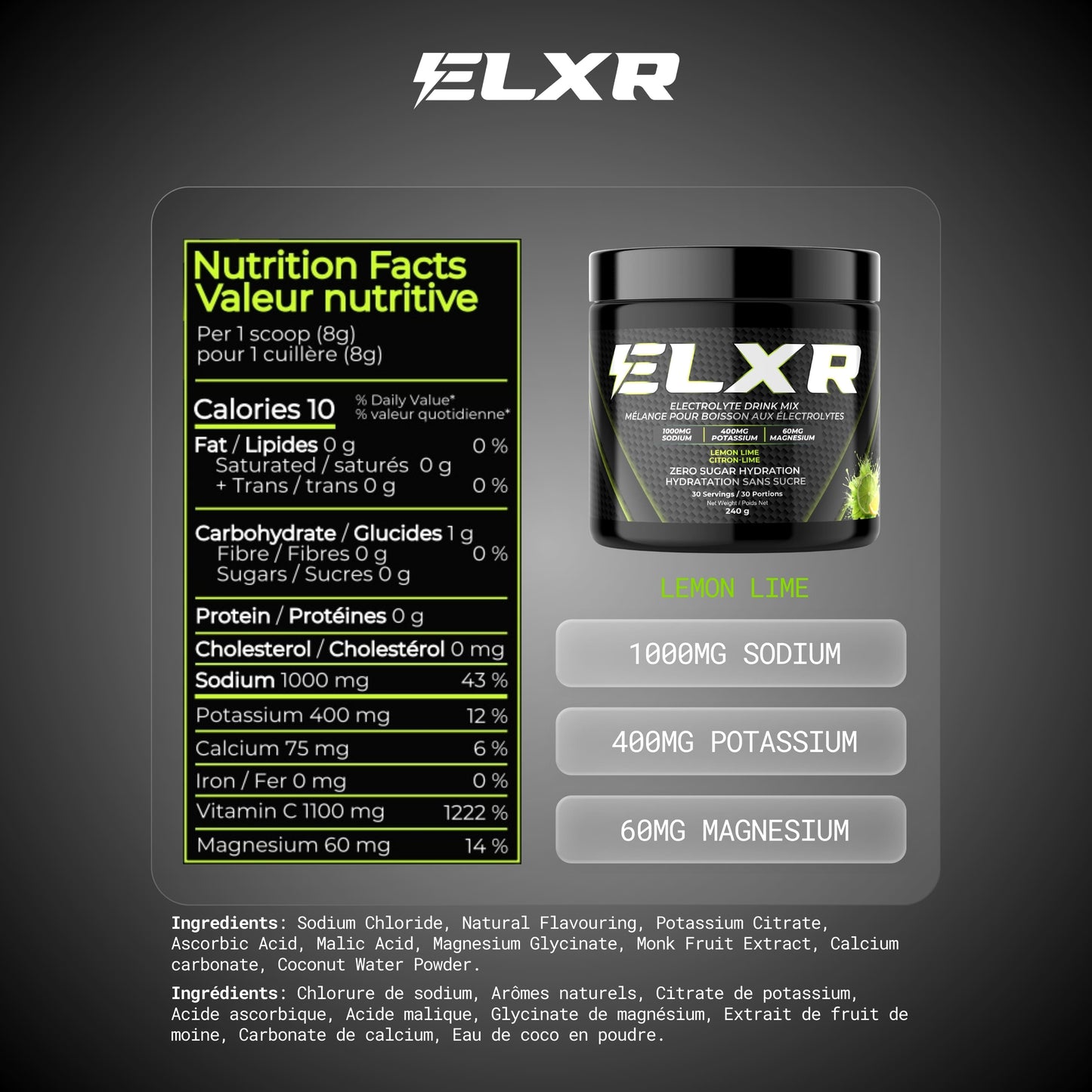 ELXR supplement container with nutrition facts label on a dark background