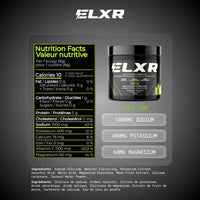 ELXR supplement container with nutrition facts label on a dark background