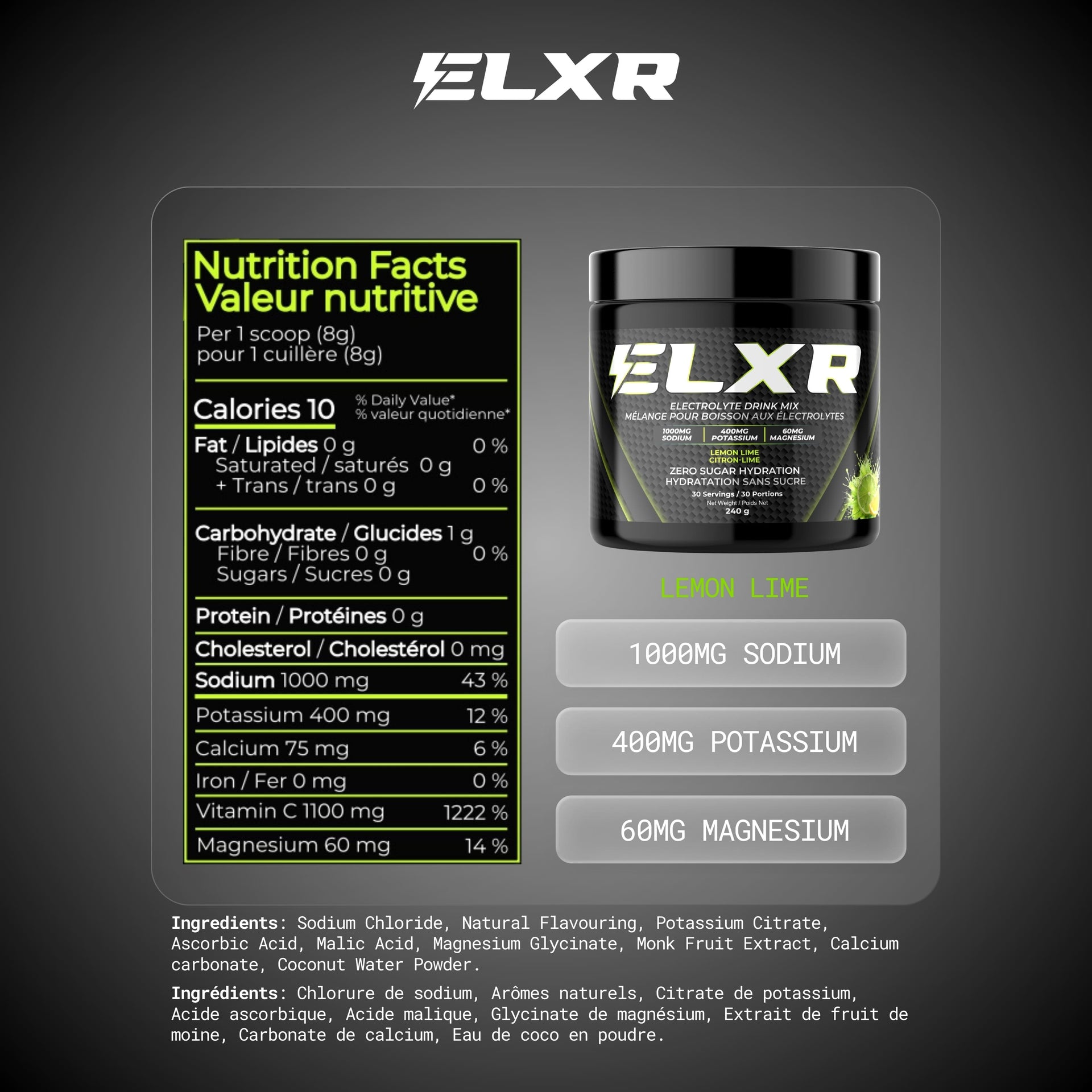 ELXR supplement container with nutrition facts label on a dark background