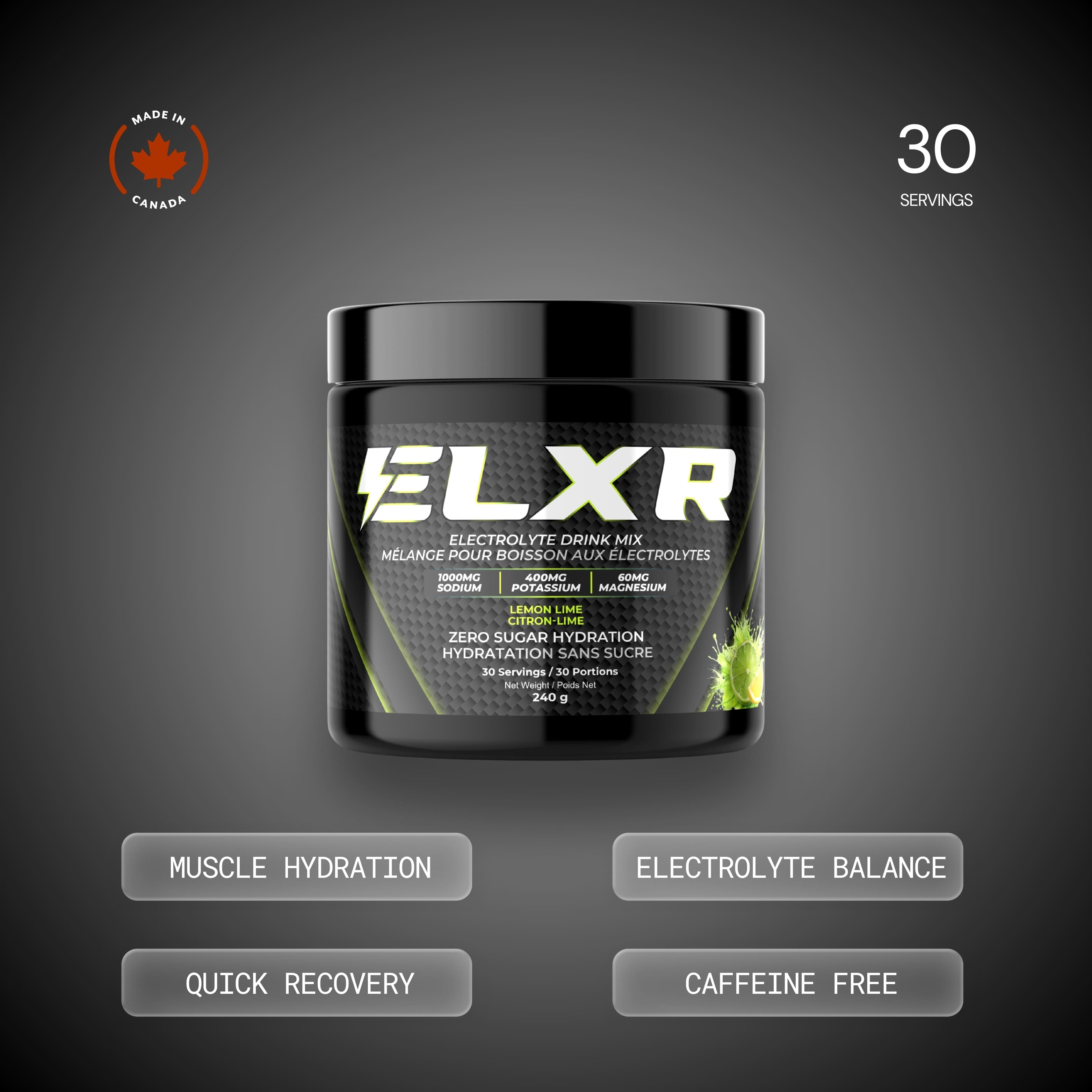 ELXR electrolyte drink mix container on a dark background