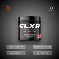 ELXR electrolyte drink mix container on a dark background