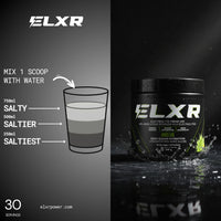ELXR electrolyte drink mix packaging with a glass illustration on a dark background