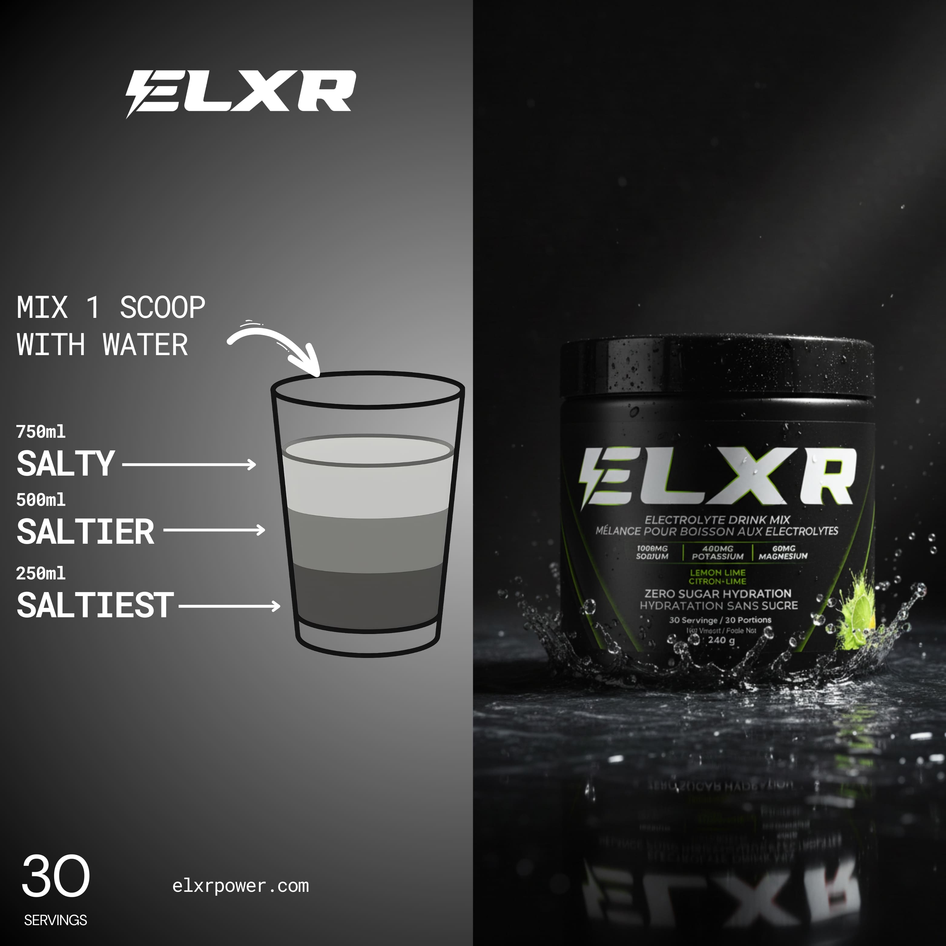 ELXR electrolyte drink mix packaging with a glass illustration on a dark background