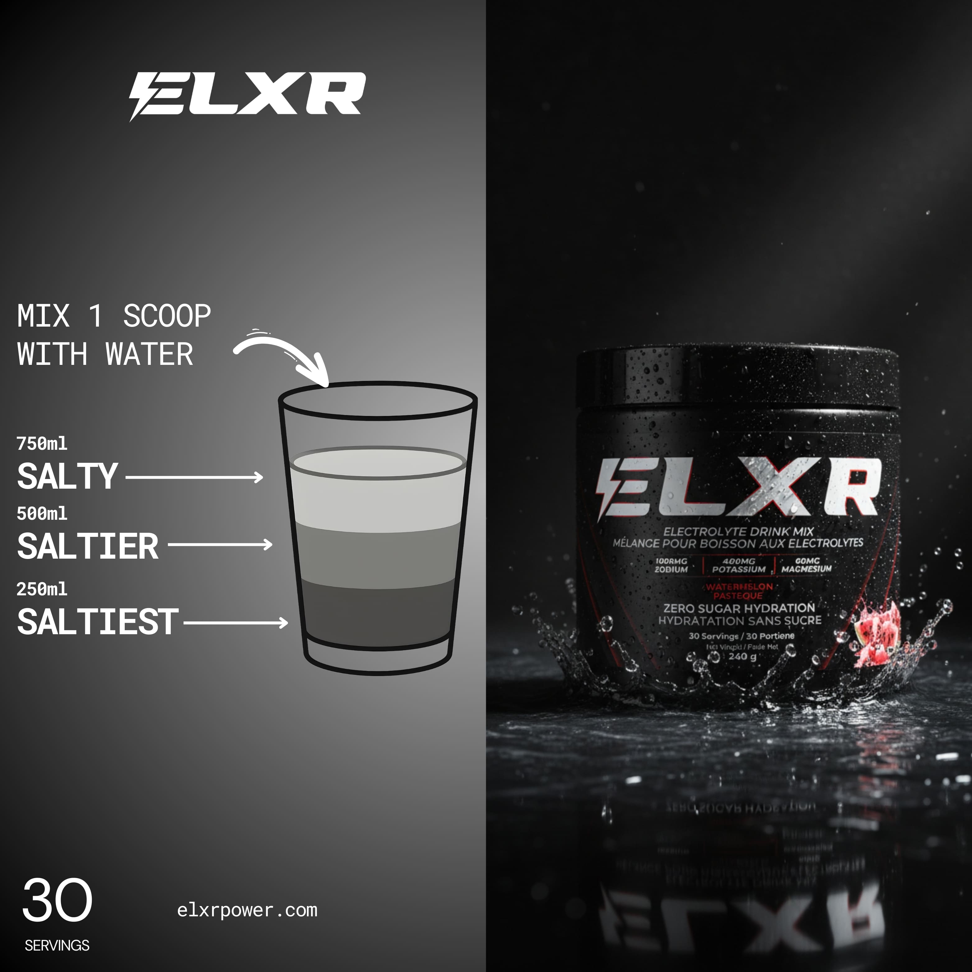 ELXR electrolyte drink mix container with a glass illustration on a dark background