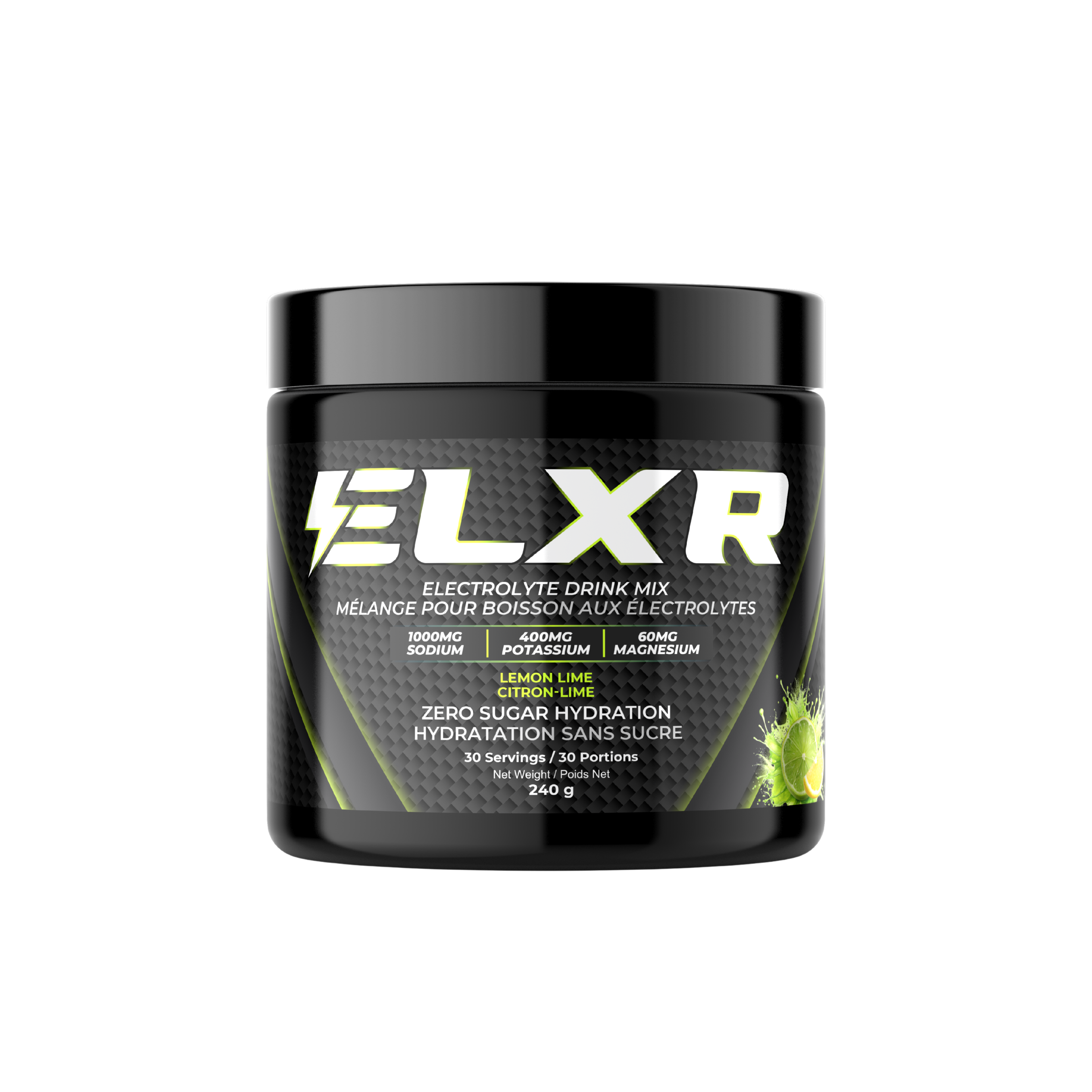 ELXR electrolyte drink mix container on a transparent background